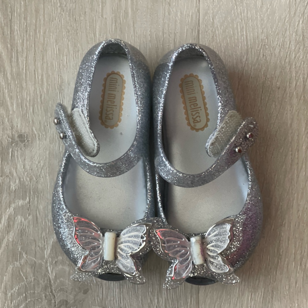 Mini Melissa ultragirl,silver glitter slipper, sz6